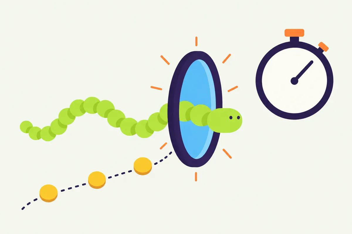 A snake passes through an exit gate beside a stopwatch